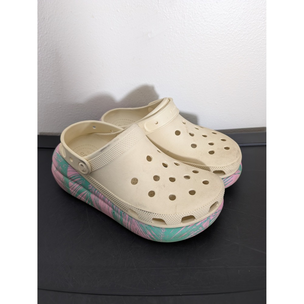 Crocs Women's 9 Classic Bae Clog Platform Tropical Palm Leaf Cream Pink Green